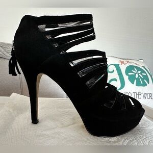 Marc Fisher Black Suede Platform Cage Elegant Black High Heel Size 6 1/2